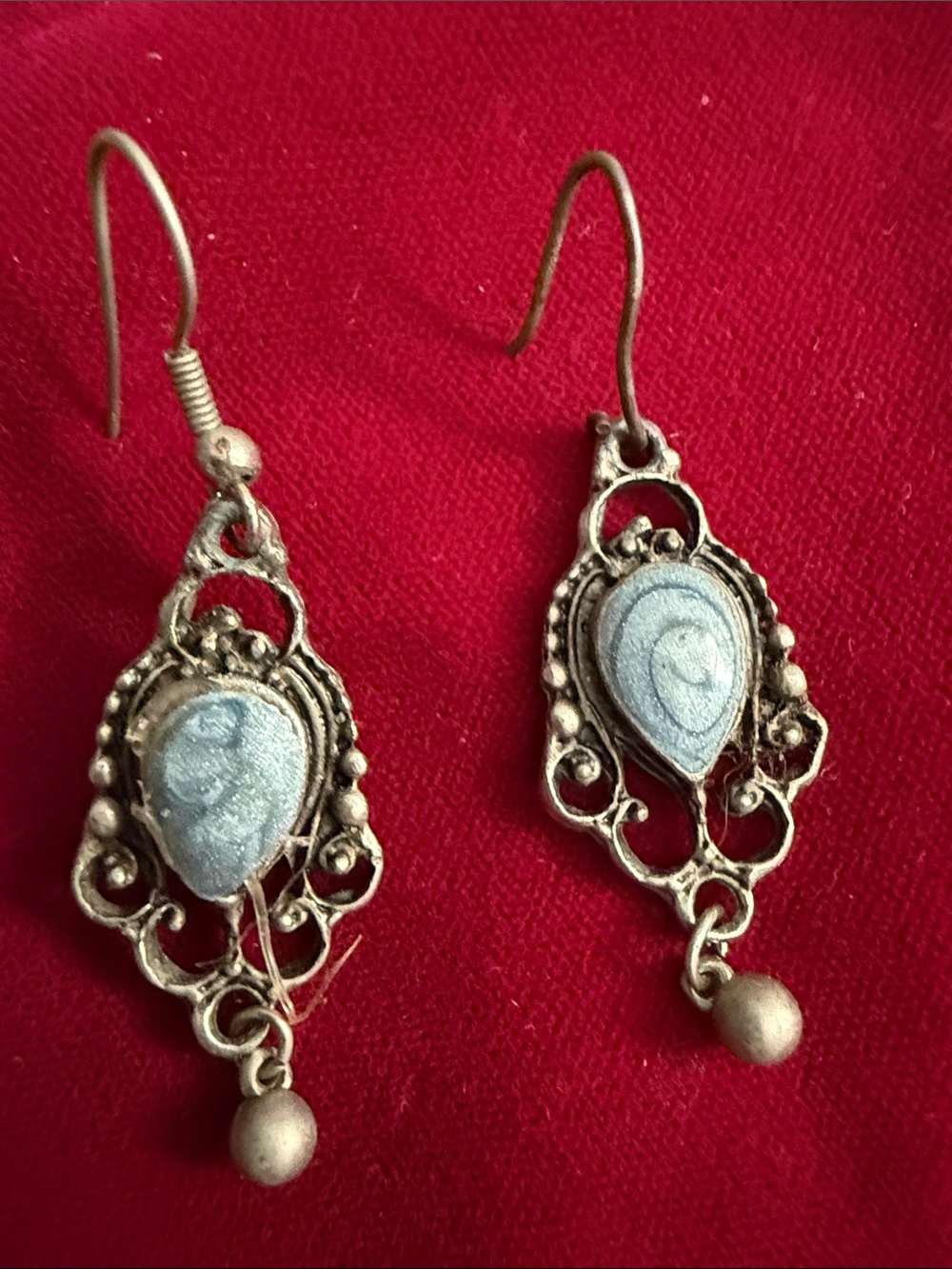 Silver-Tone Filigree Drop Earrings with Light Blue Accents